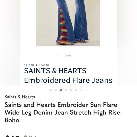 Saints and Hearts Embroidered Sun Flare Wide Leg Denim Jeans ☀️ 👖 - Picture 3 of 4